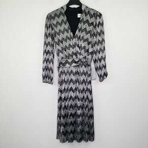 Eliza J Women's 4 Dress Black Silver Chevron Belted Long Sleeve Wrap NWT BH23
